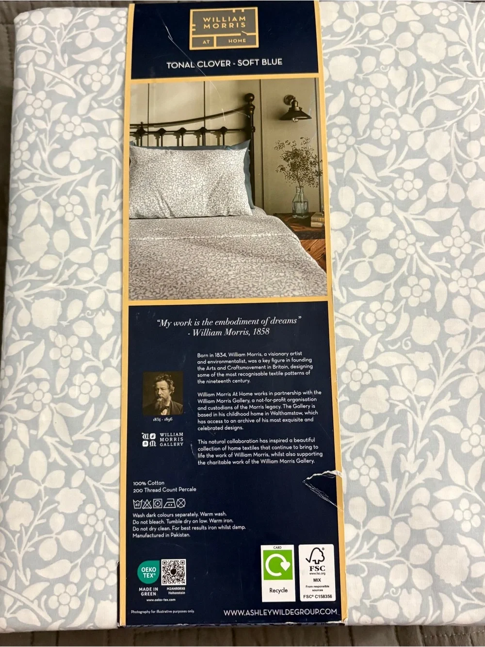 William Morris Cotton Percale Floral Cal King Sheet Set Tonal Clover Soft Blue